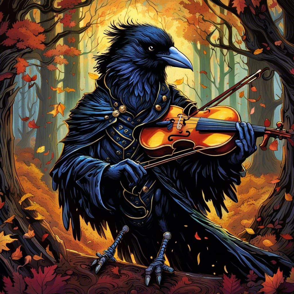 Gothic Raven's Autumnal Violin Symphony in Dark Fantasy Styl...