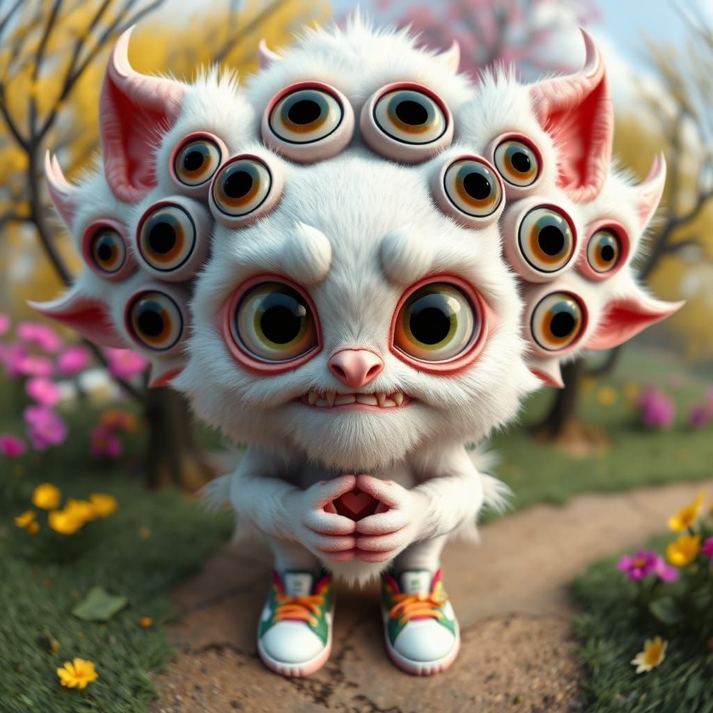 3d hd whimsical stylized fractal recursive creature with 14 eyes