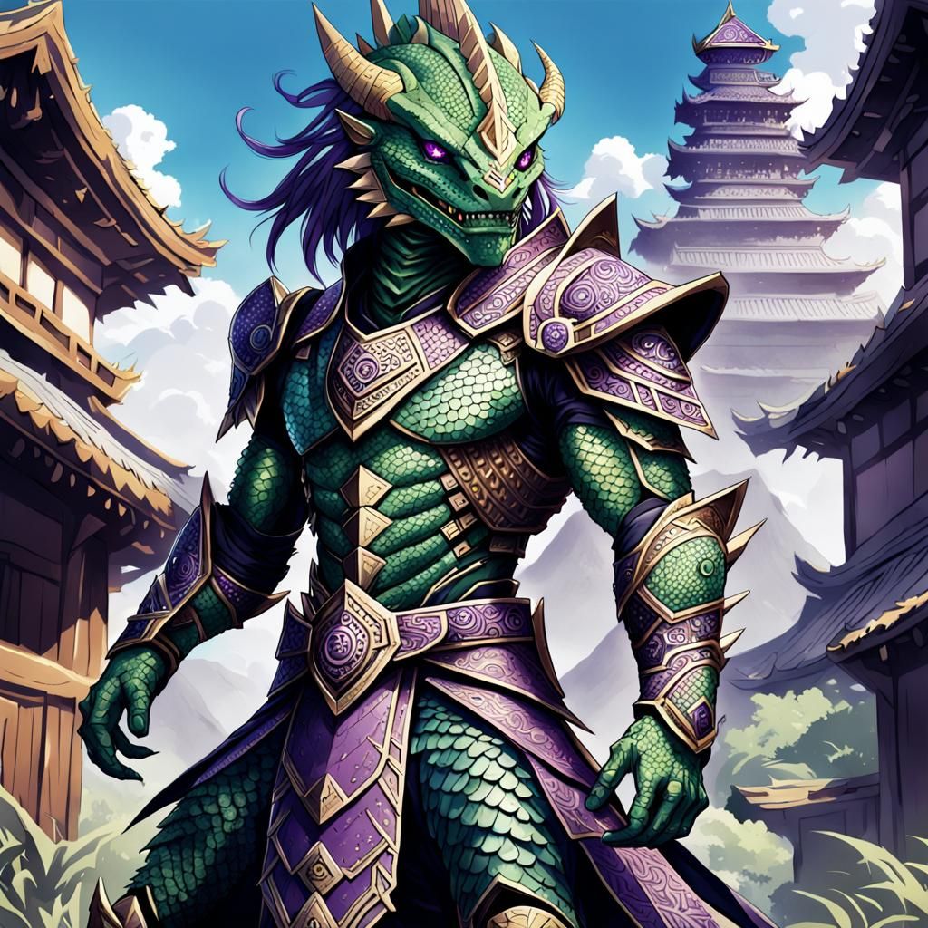 Lizardfolk Warrior in Anime Style Aztec Armor