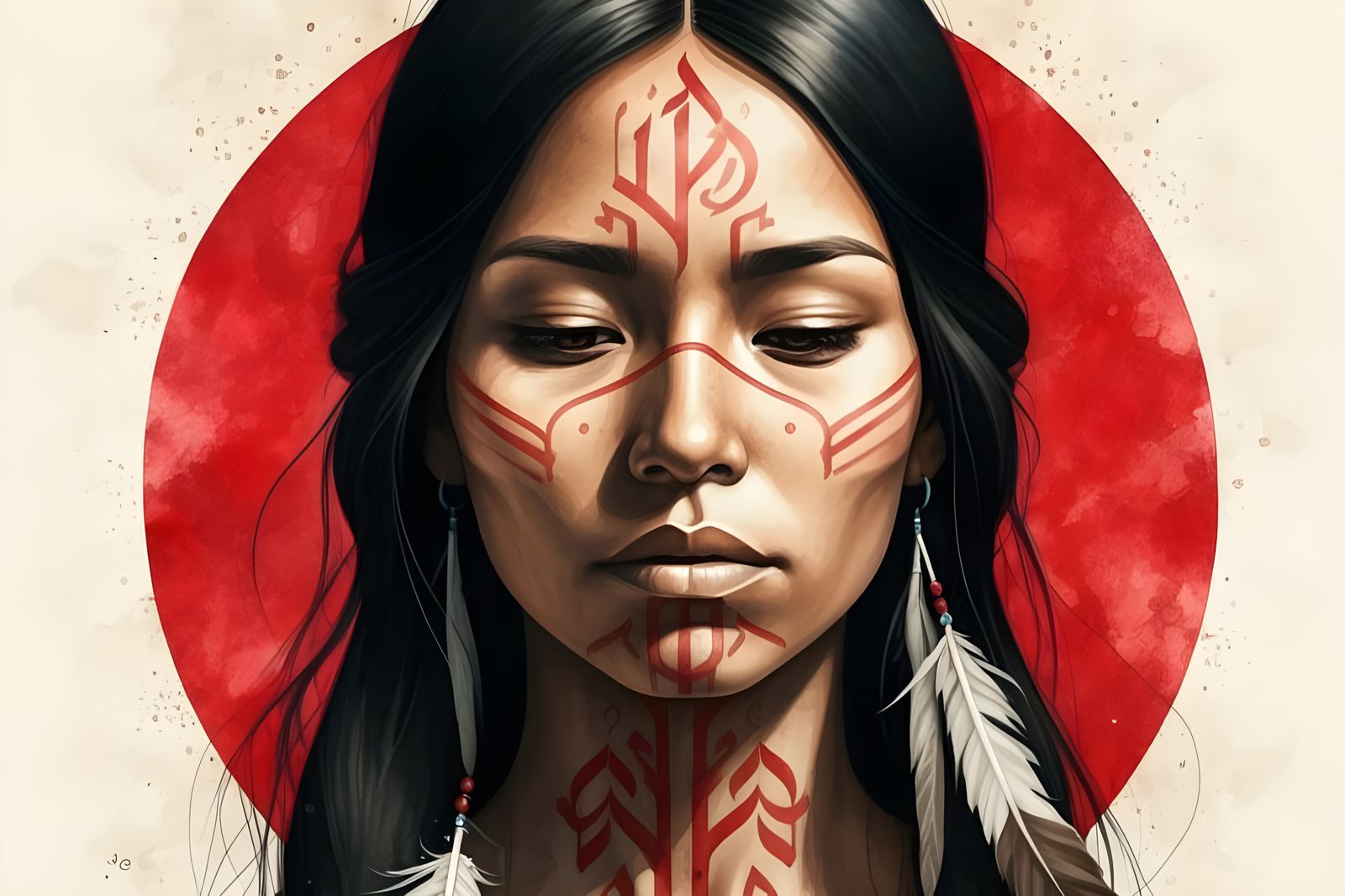 Native American Woman with Calligraphy Tattoos in Watercolor