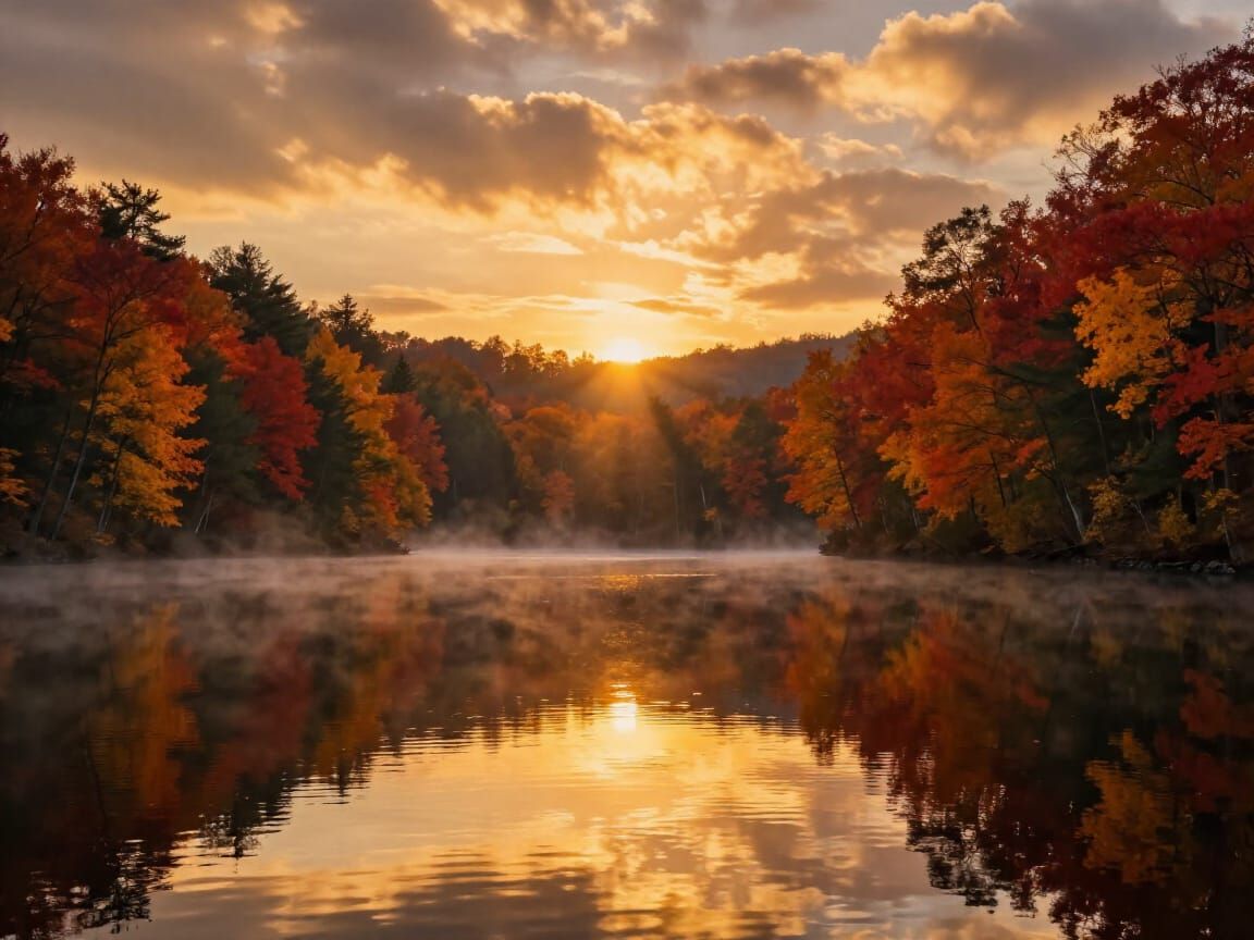 Golden Hour Sunset Over Tranquil Lake and Forested Hills