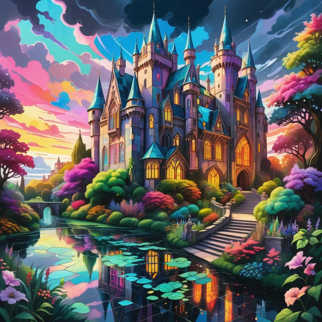 Ethereal Castle in Lush Garden: Fantasy Art