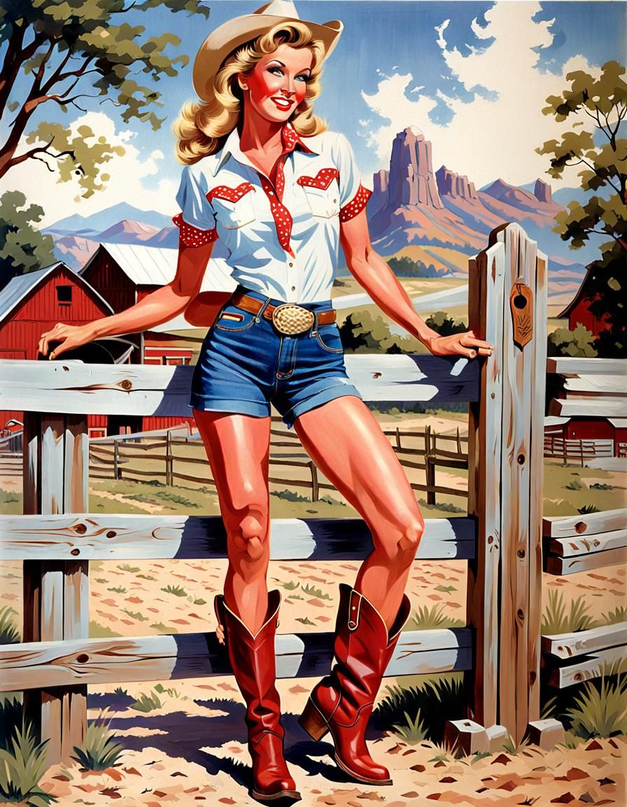 Vintage Pin-Up Girl on a Farm Corral
