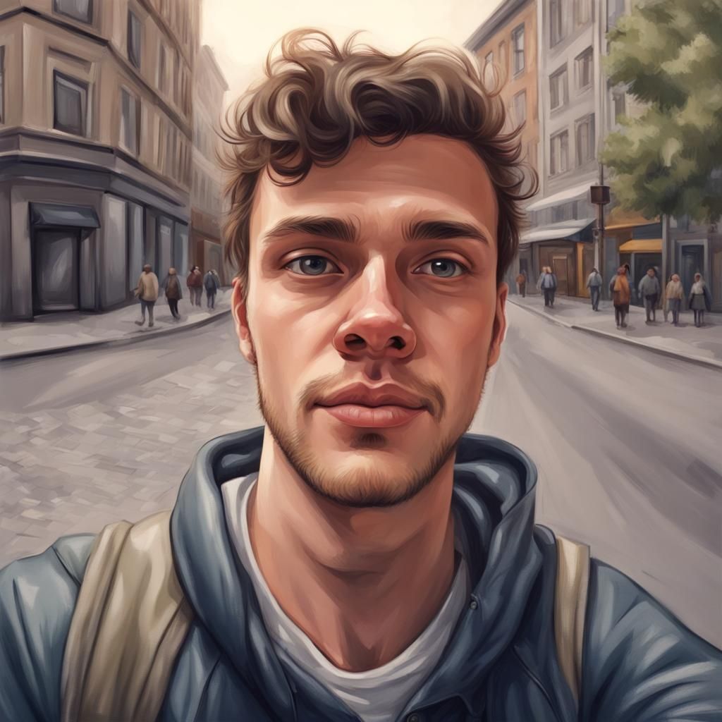 Photorealistic Selfie of Young Man in Street