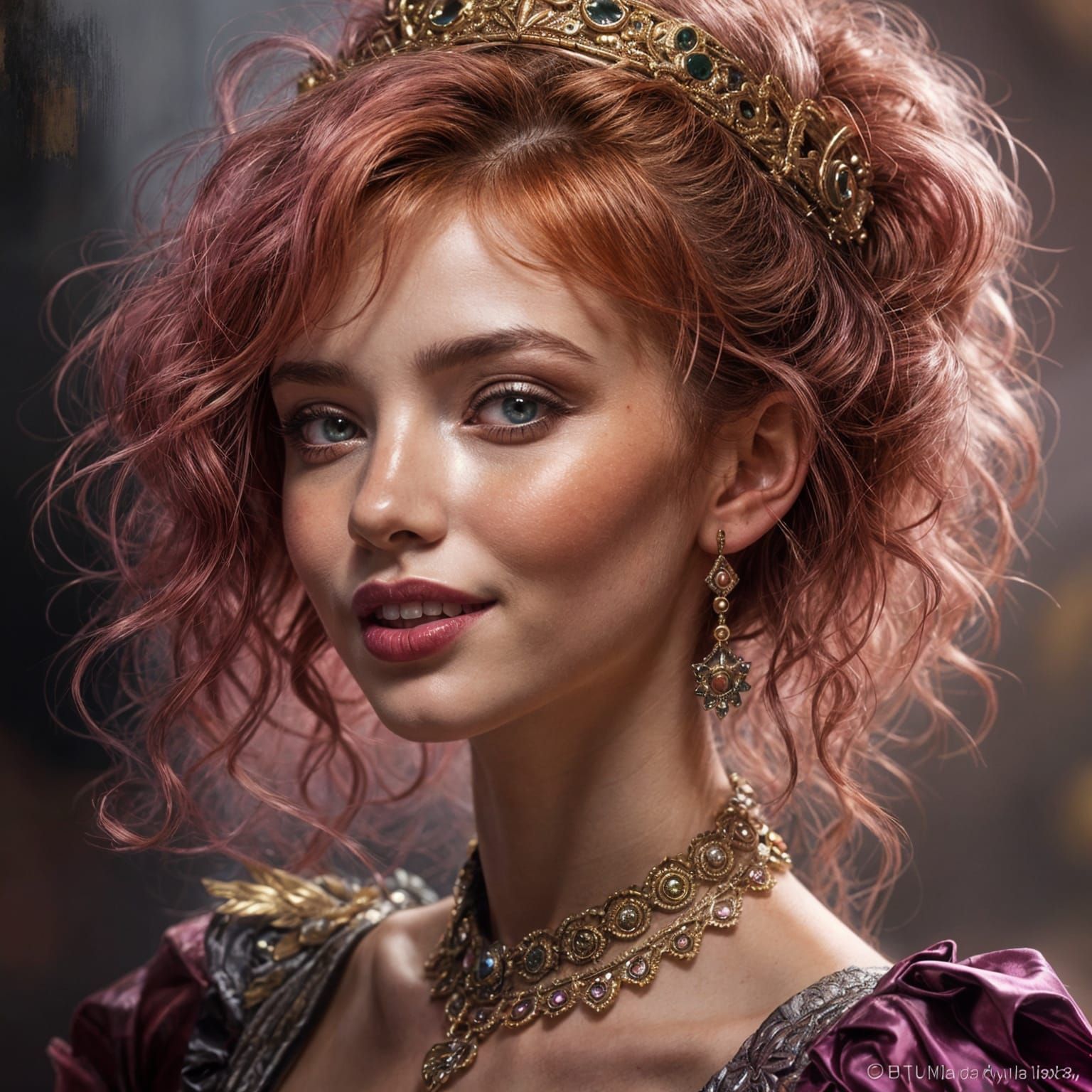 Goth Punk female smiling, ginger hair bangs, pink lip stick,...