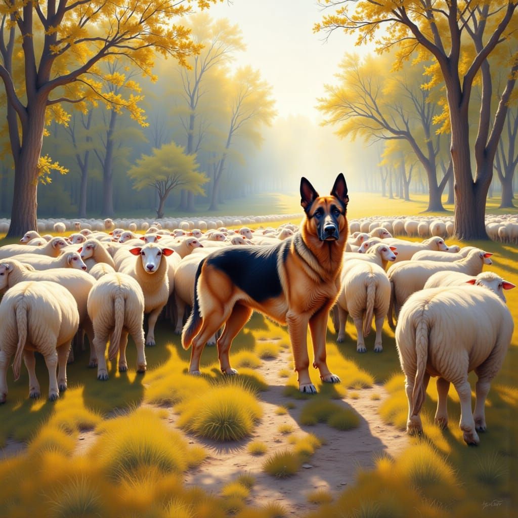Majestic German Shepherd Herding Sheep in Impressionist Styl...