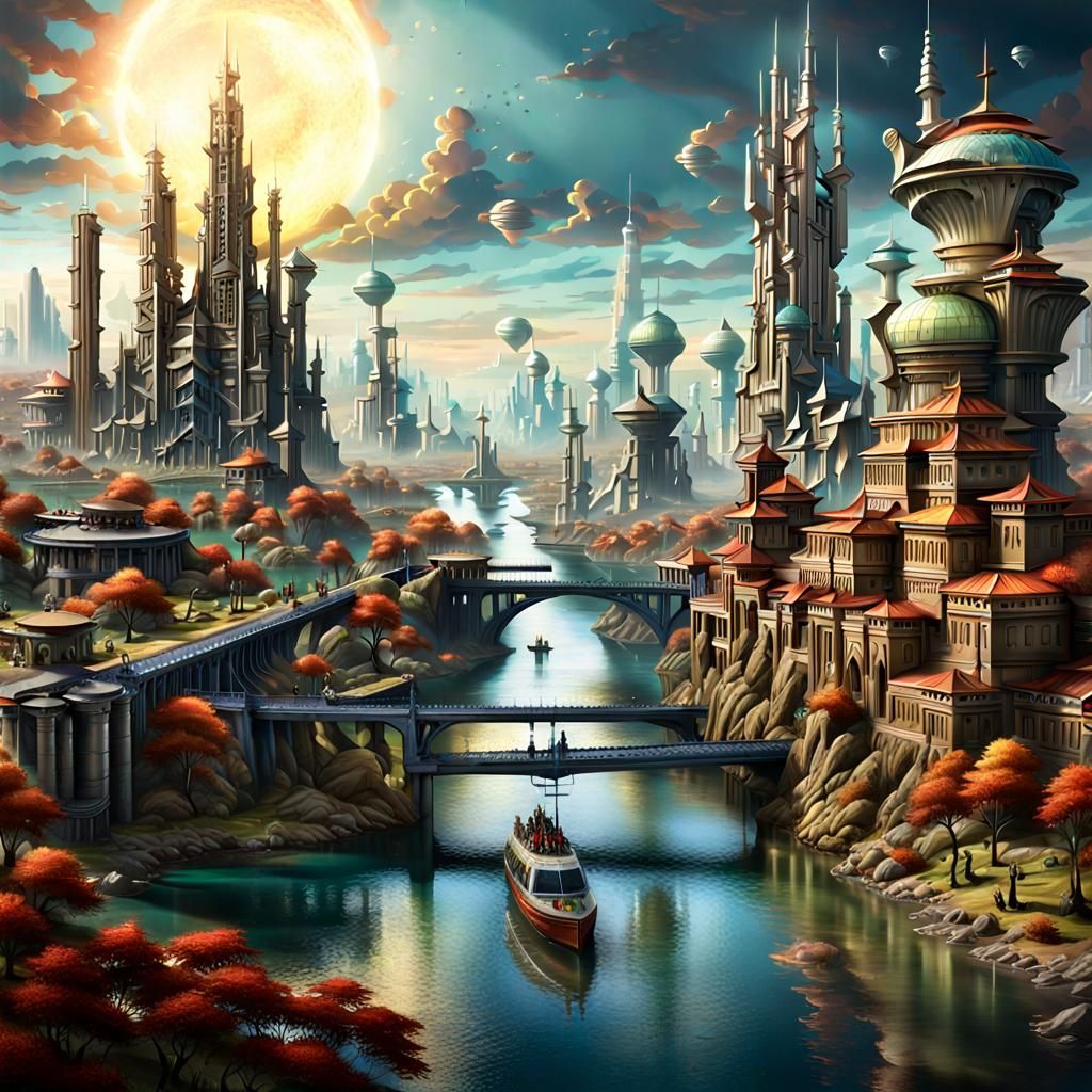 Futuristic Solarpunk Cityscape with River in Fantasy Art