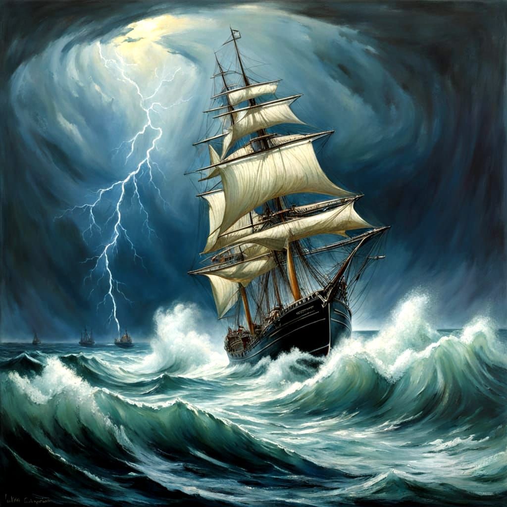 Sailor Rides Tempestuous Waves Illuminated by Lightning Stor...