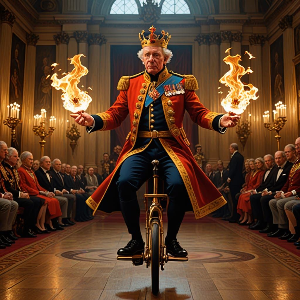 King Charles III Juggles Fireballs on Unicycle in Palace