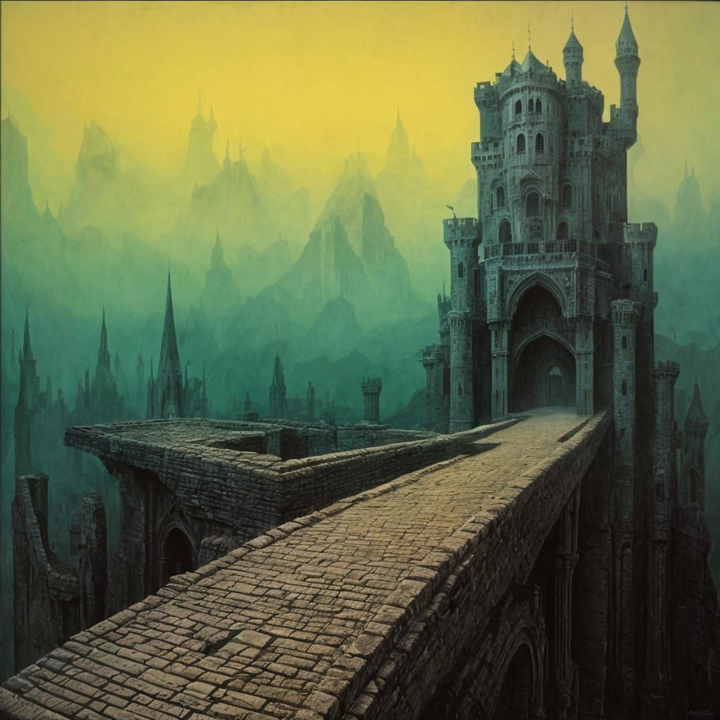 Surreal Castle with Twisted Drawbridges and Moats in a Dream...