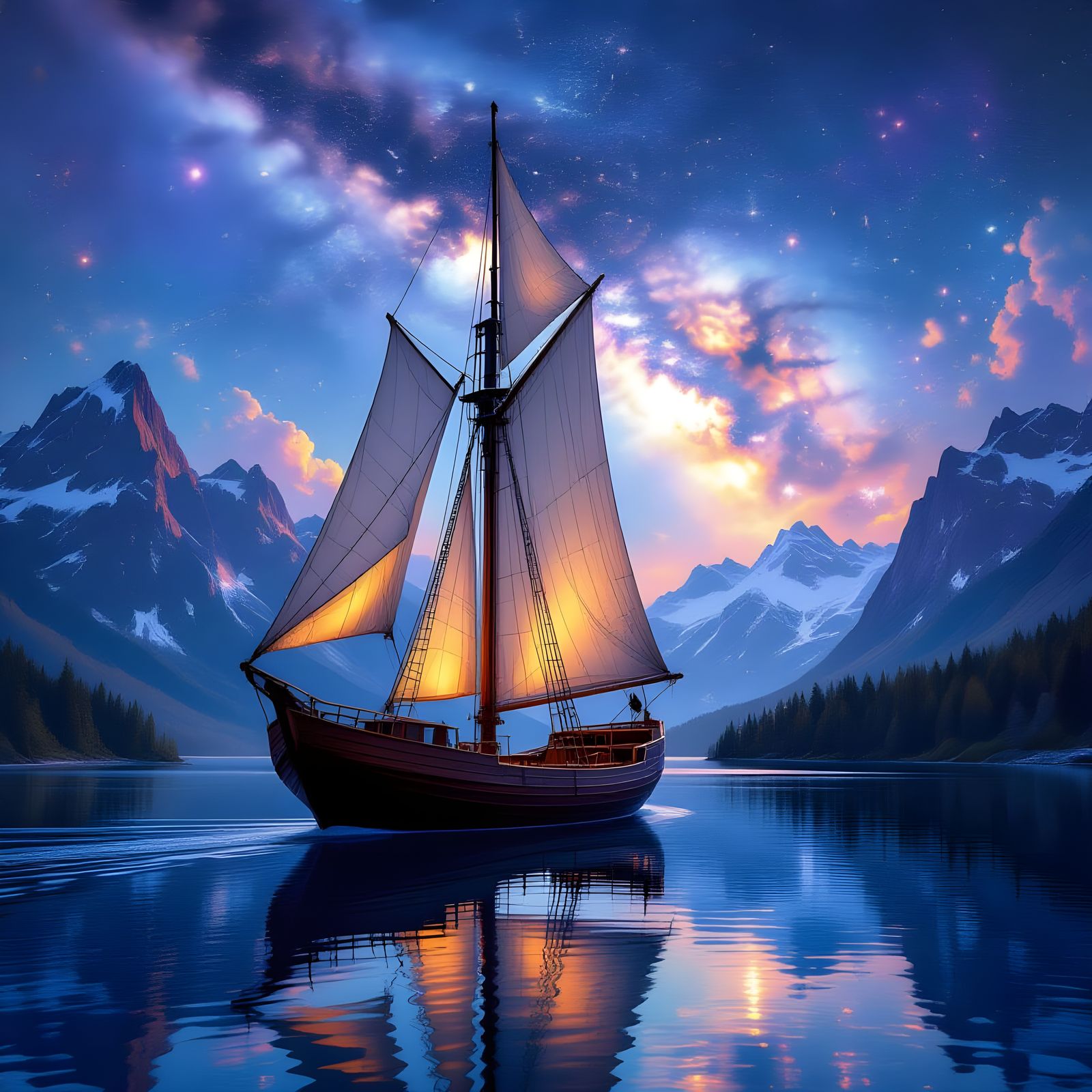 Surreal Starlight Sailboat on Crystal Mountain Lake
