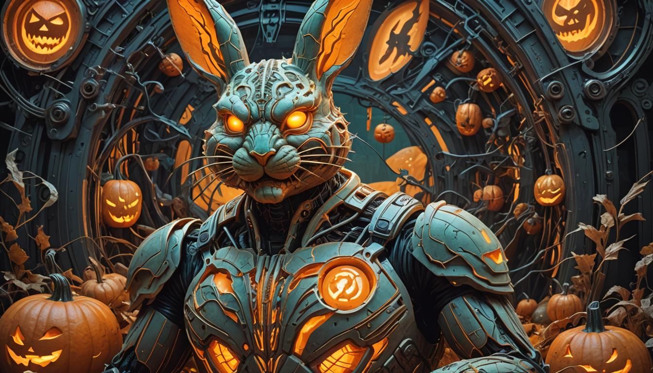 Glowing Pumpkin Rabbit Superhero in Synthwave Style