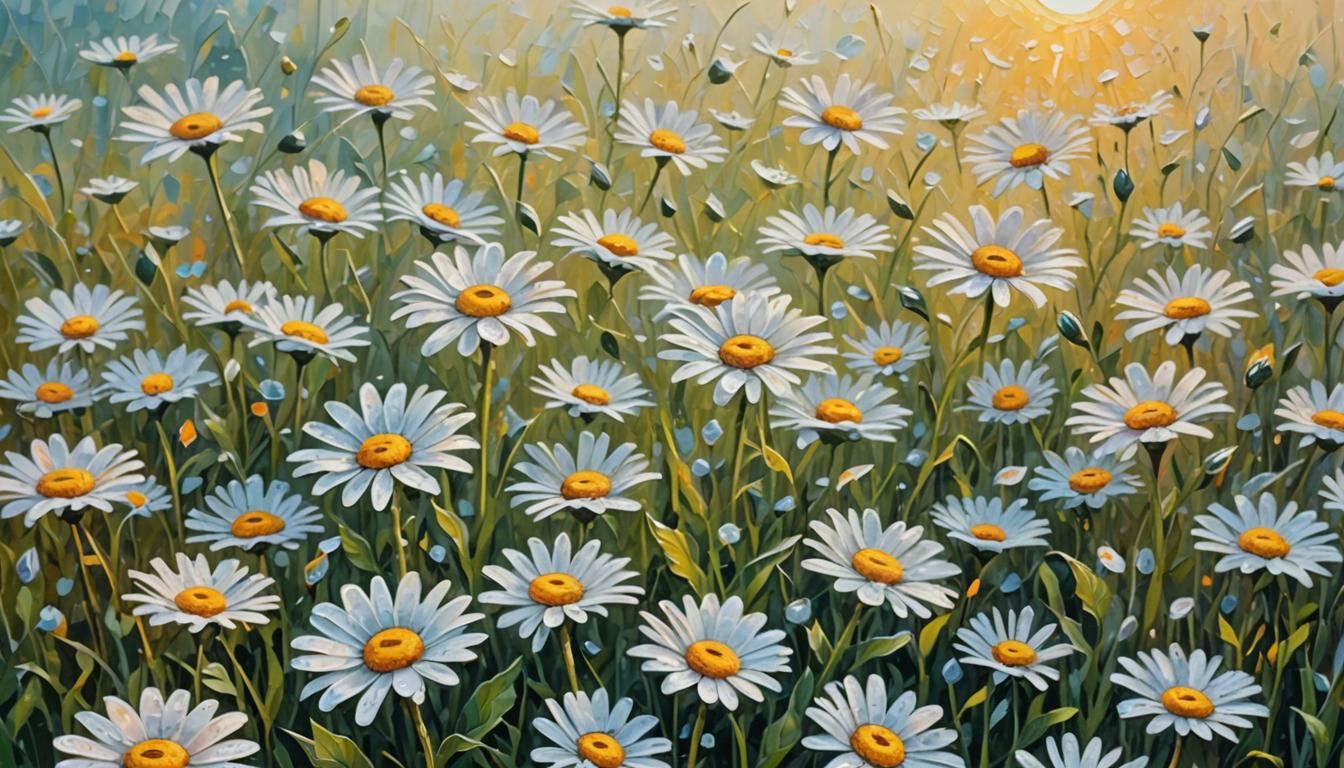 Impasto Daisies in Dewy Field at Sunrise