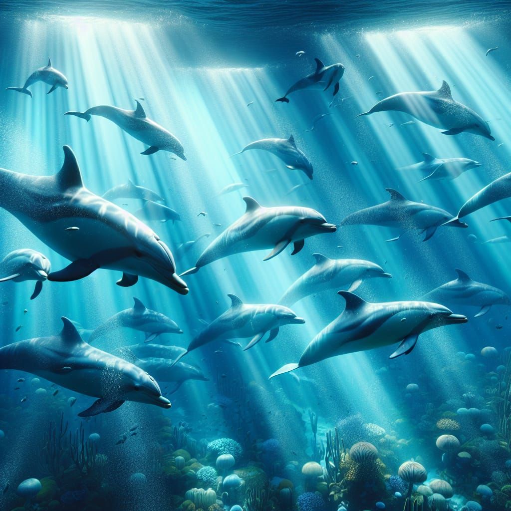 Dolphins Swimming in a Hyperrealistic Blue Ocean