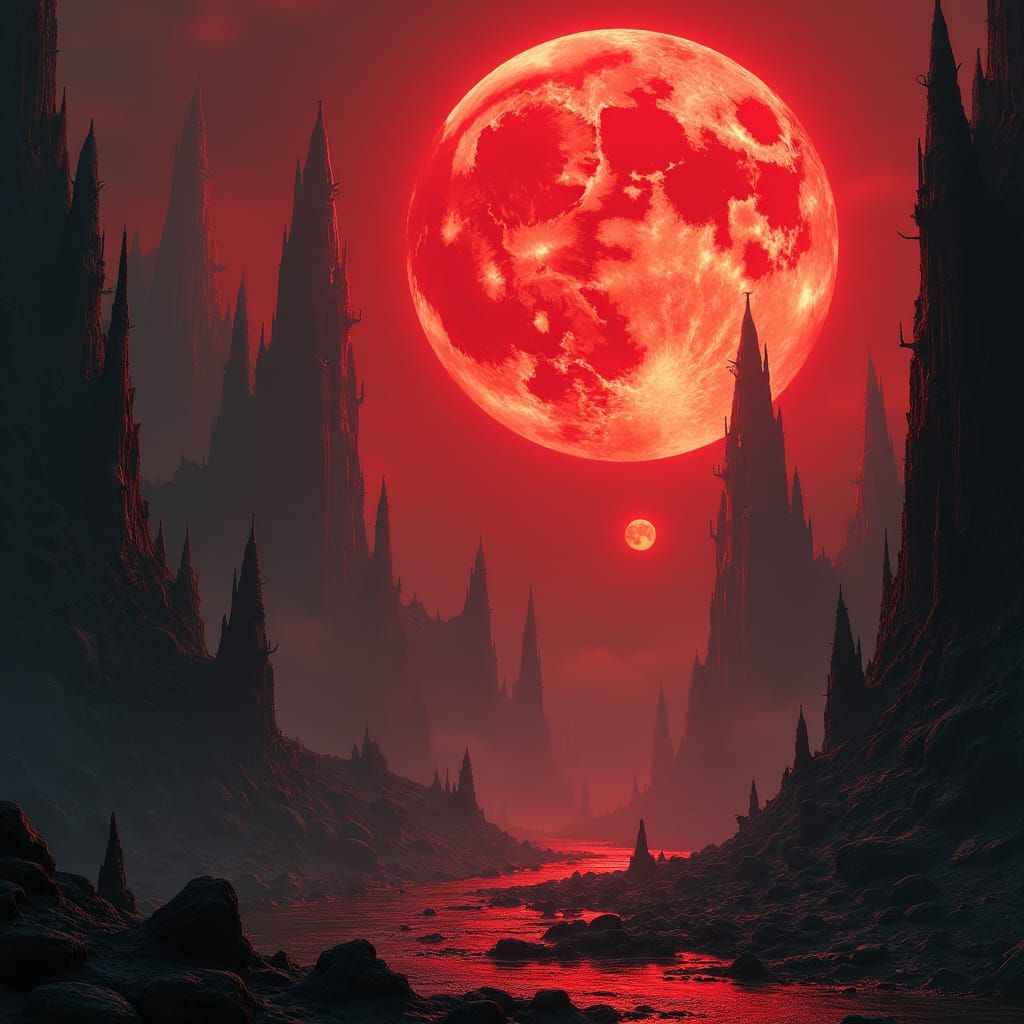 Giant Red Moon Over Alien Invasion Landscape