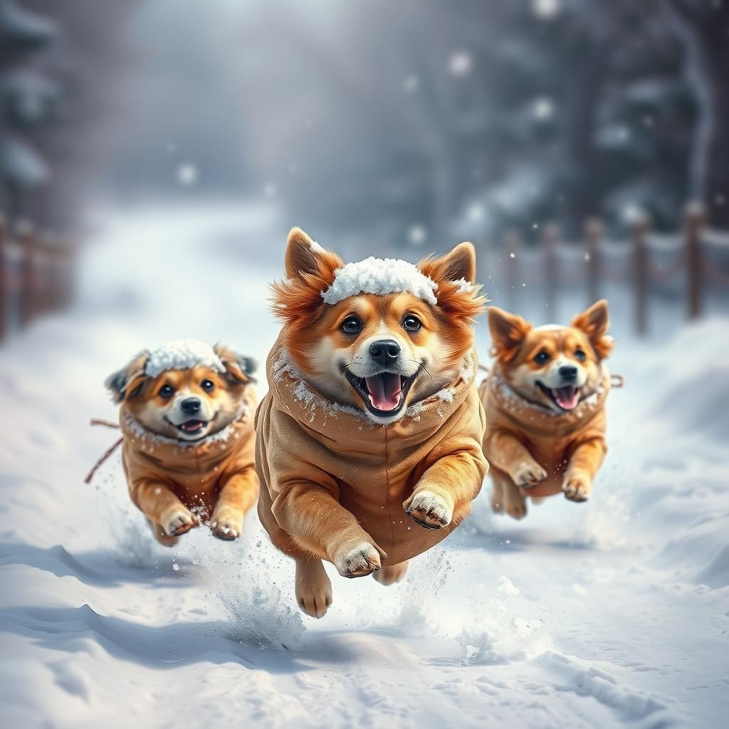 Snowy Dogs Potato Sack Race in Hyperrealistic Style