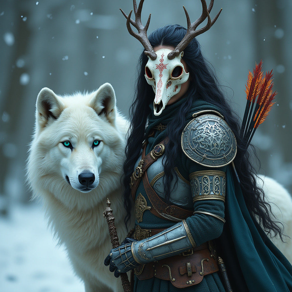 Norse Huntress and Wolf Companion in Winter Forest