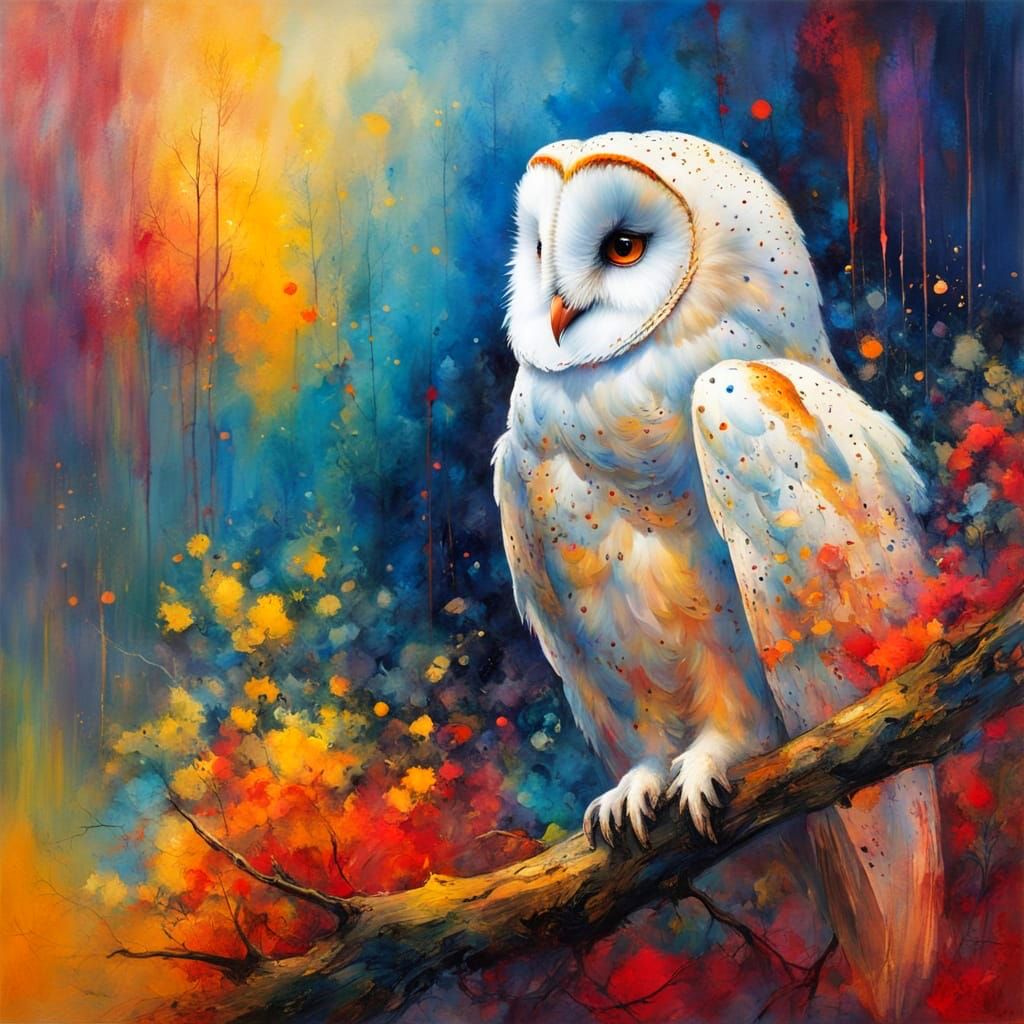 Majestic White Barn Owl in Colorful Forest Landscape