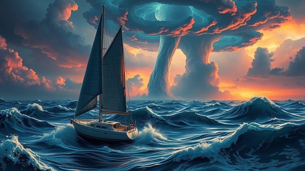 Sailboat Navigates Stormy Seas in Sci-Fi Style