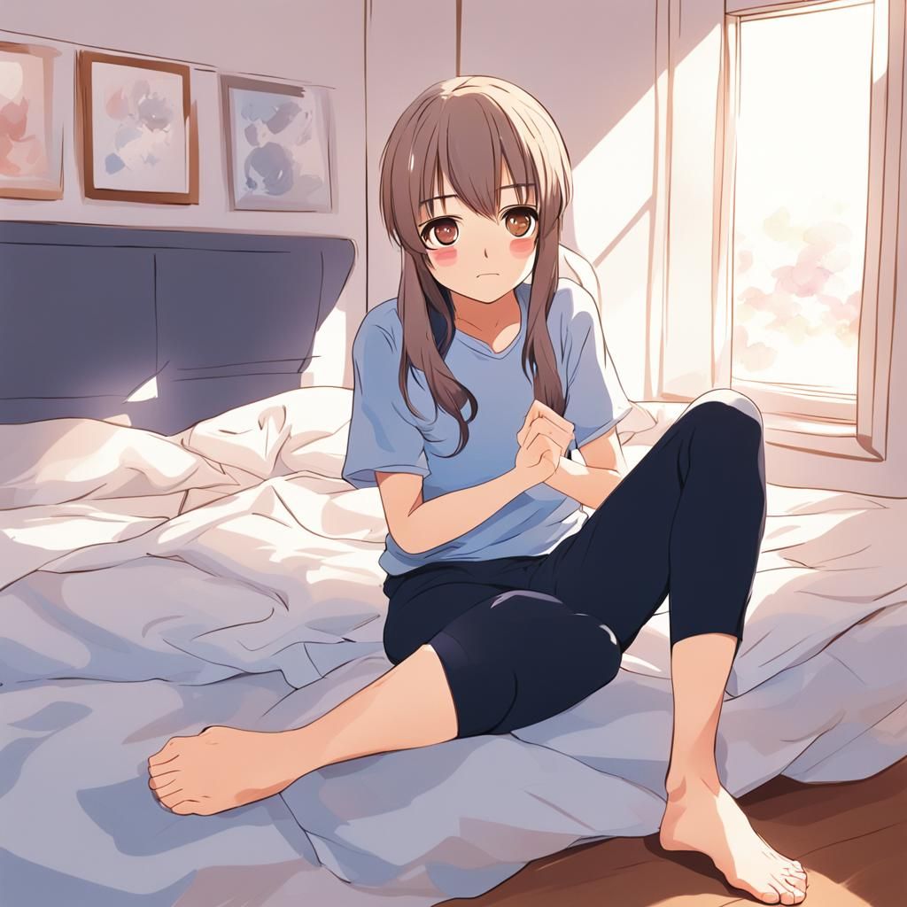 Anime Woman on Bed with Intense Expression
