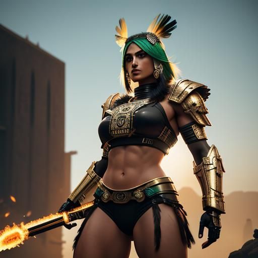 Cyberpunk Aztec Warrior Woman with Flaming Sword