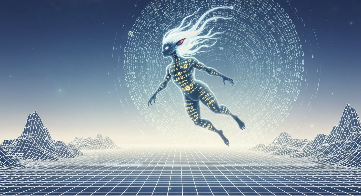 Ethereal Digital Spirit Emerges from Binary Vortex