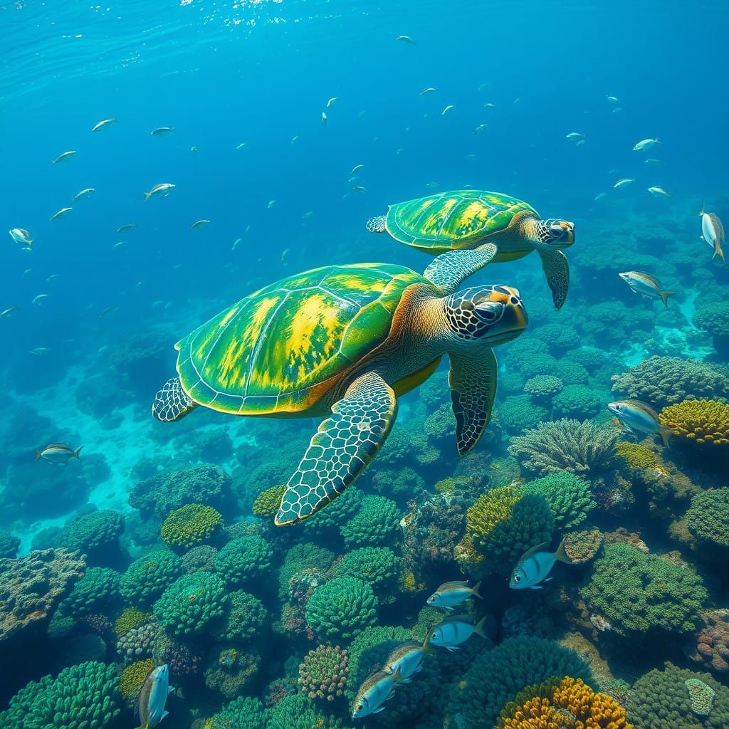 Vibrant Green Sea Turtles in Tropical Paradise