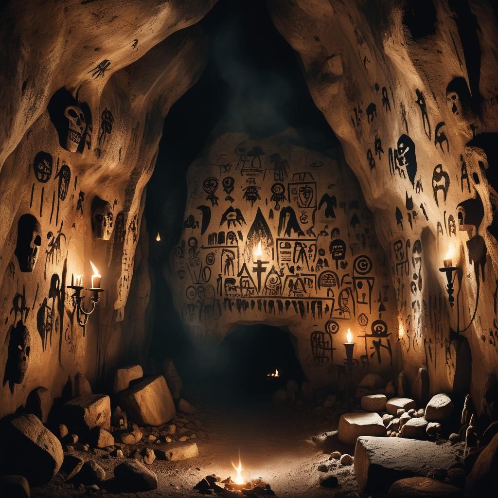 Mystical Cavern with Ancient Drawings in Documentary Style