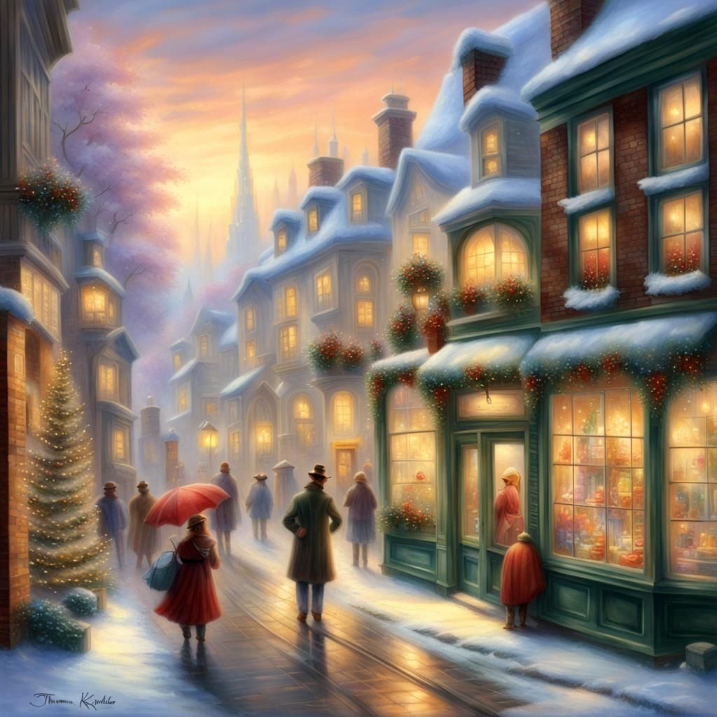 Christmas Street Scene in Kinkade Style