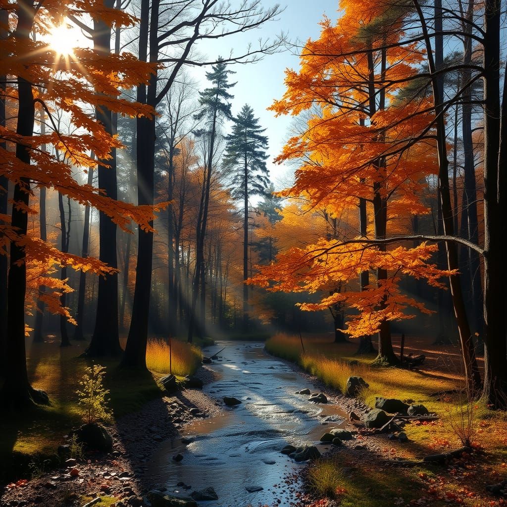 Autumn Forest in Impressionist Style with Golden Sunlight
