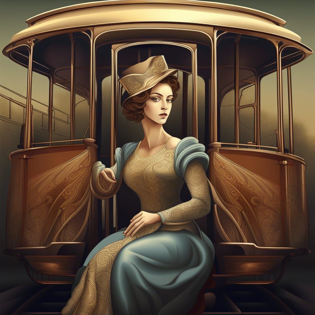 Beautiful Woman and Trolley Car in Surreal Vector Art