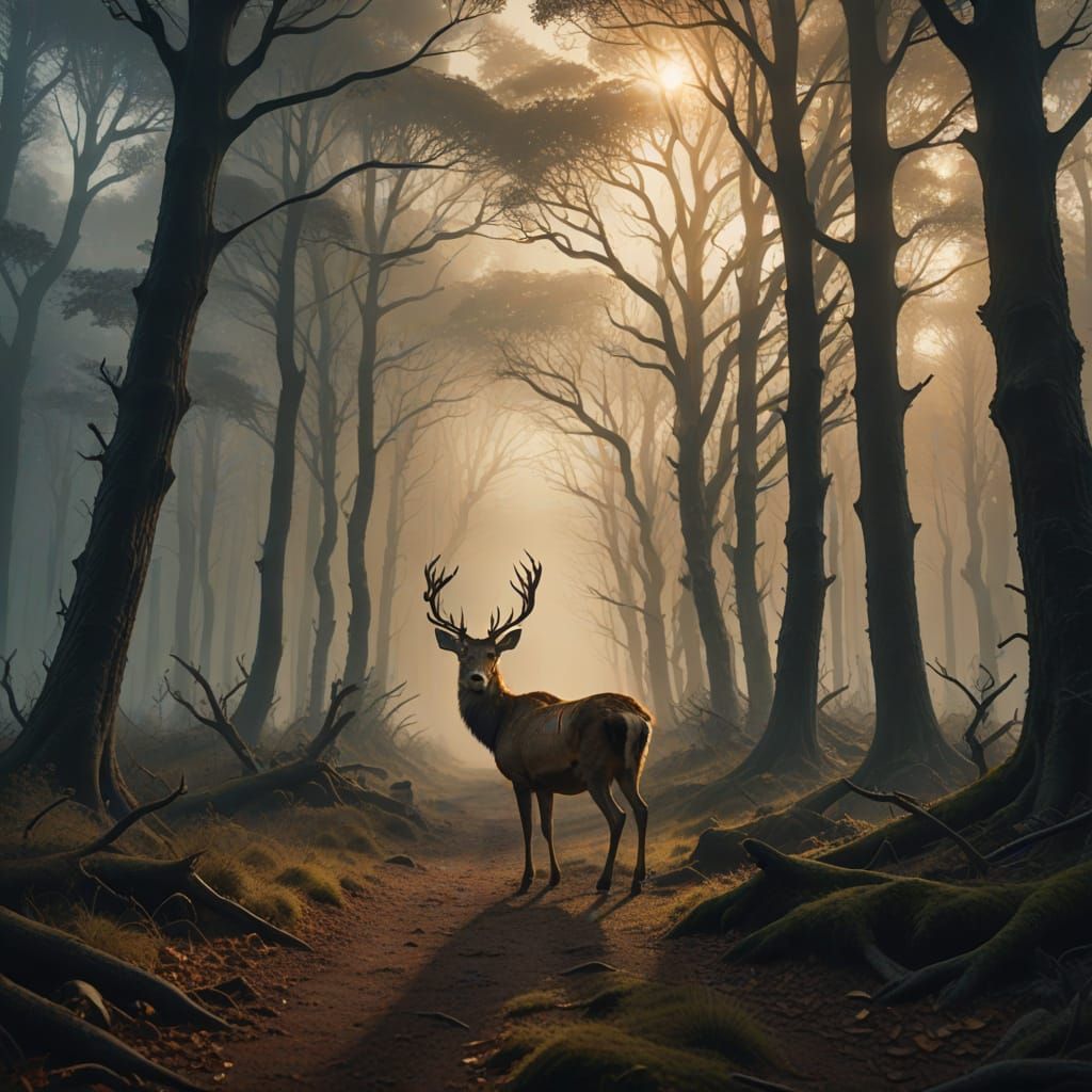 Ghostly Deer Leads Travelers Through Misty Forest