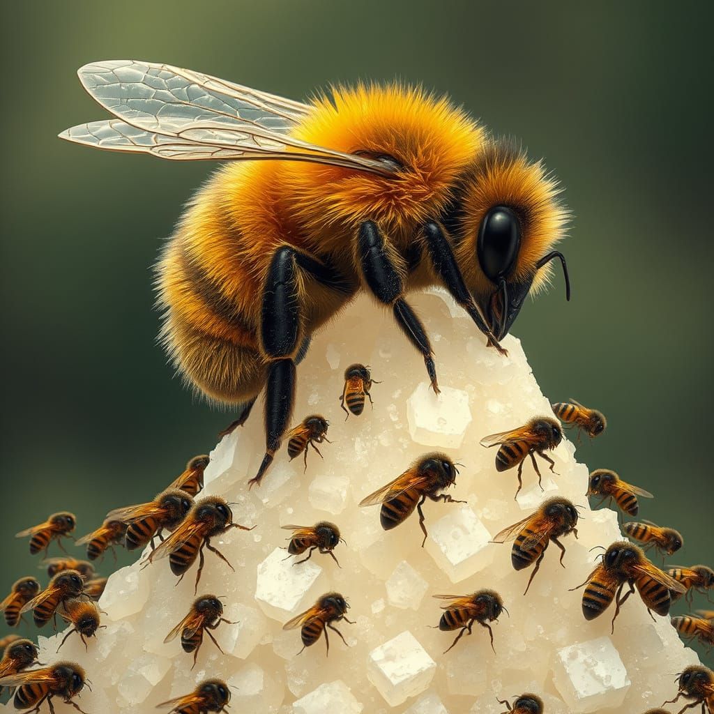 Realistic creation ;A huge fat bee sits on a pile of sugar a...