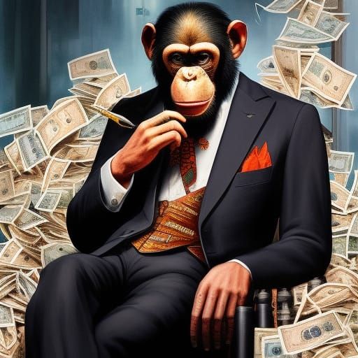 Chimpanzee Banker Counts Money: Intricate Watercolor Paintin...