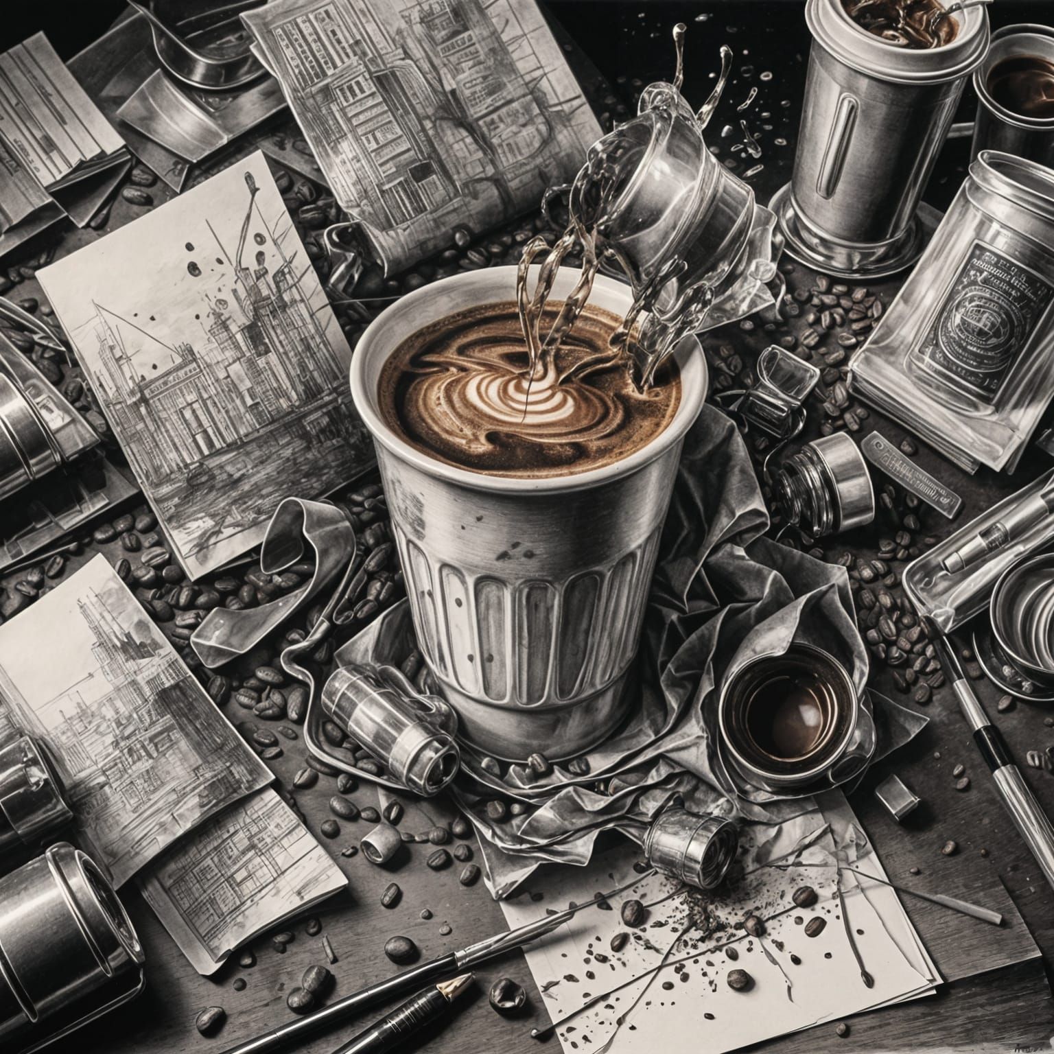 Hyperdetailed Charcoal Drawing of Spilled Coffee