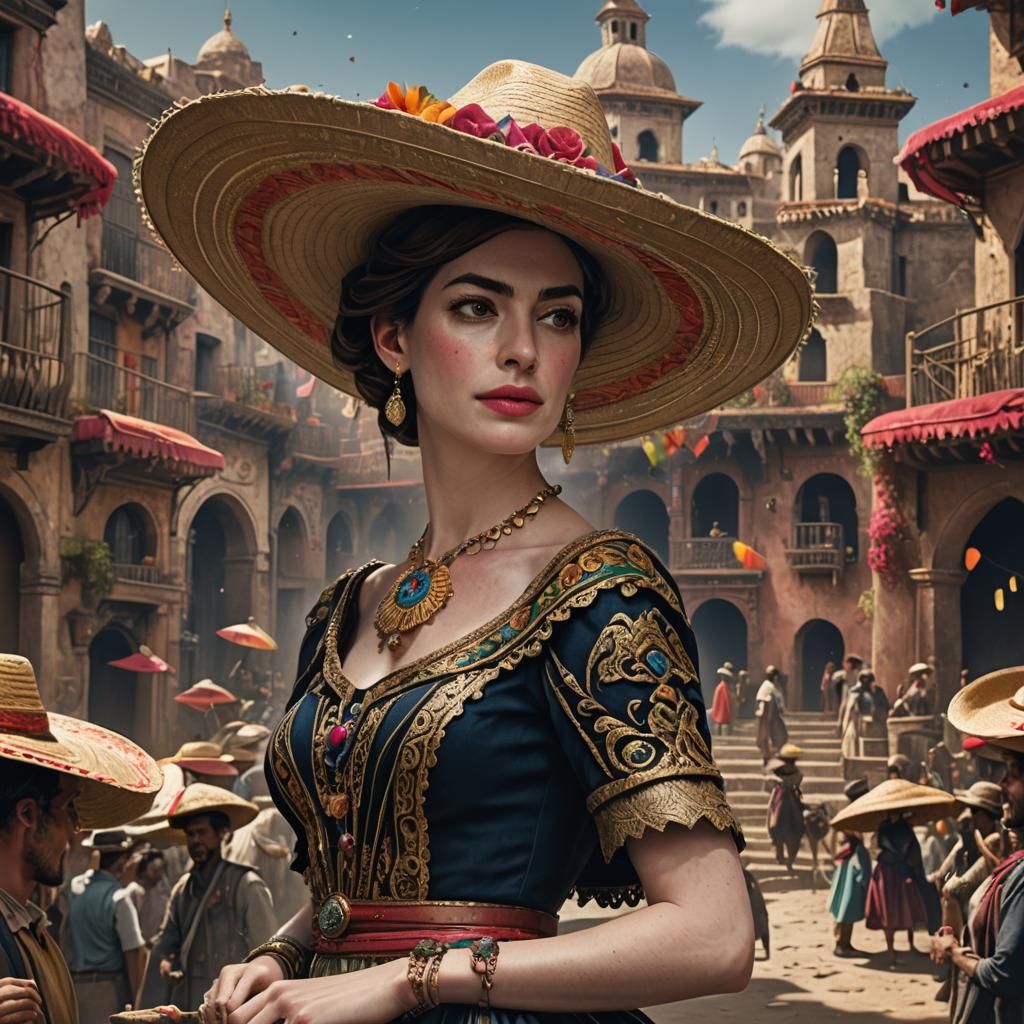 Anne Hathaway with Sombrero: Detailed Matte Painting