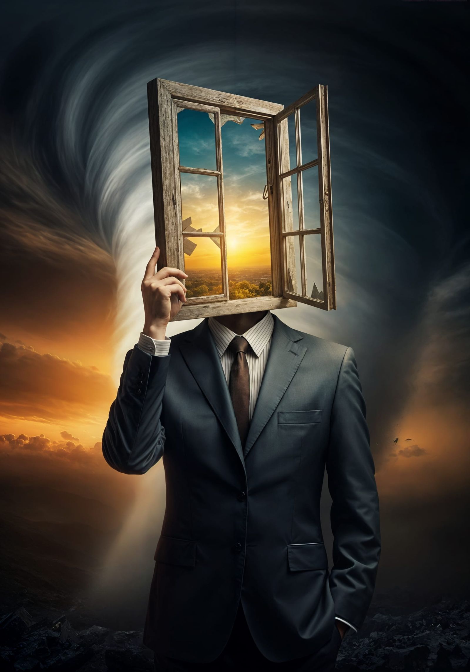 Surreal Businessman Opens Window to Sunny Day Amid Tornado