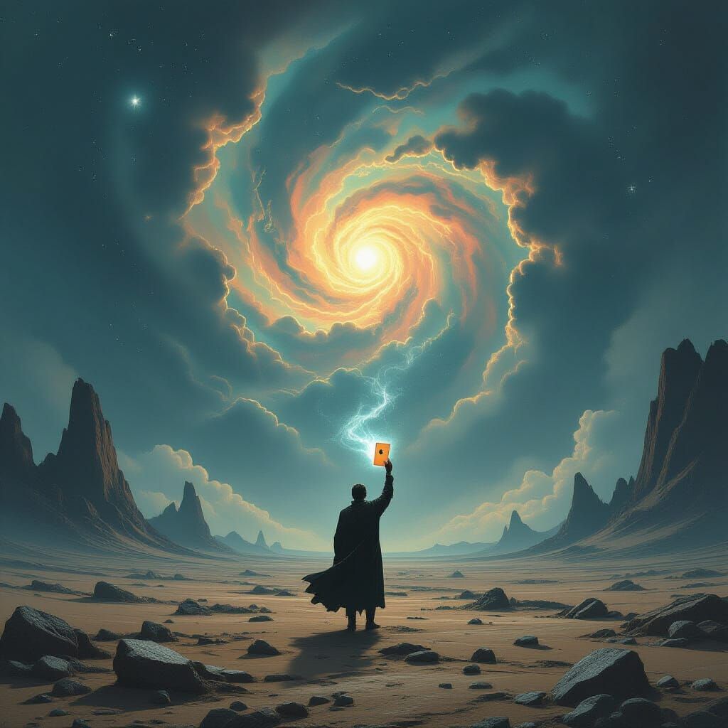 Man with Glowing Card on Windswept Plain Under Nebulae Sky