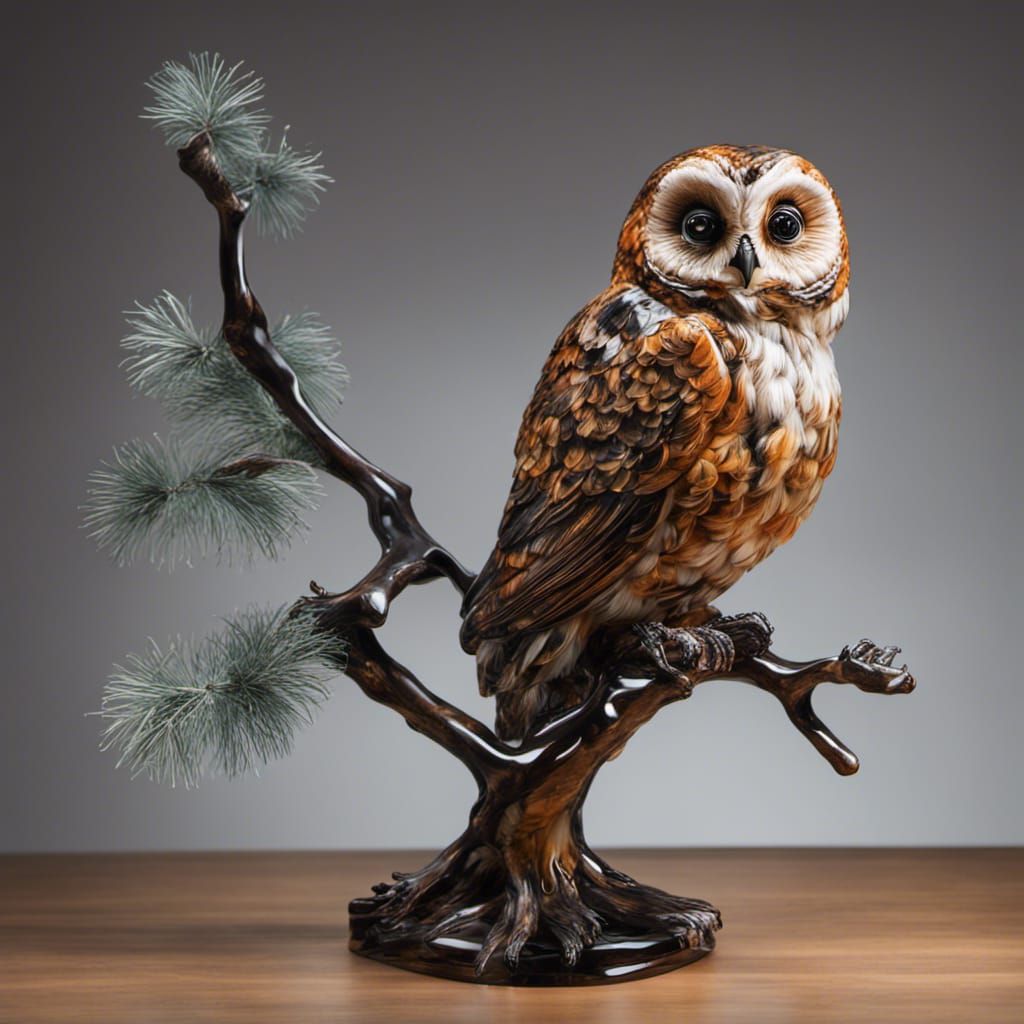 Glass Owl Figurine on Pine Branch, 3D Render