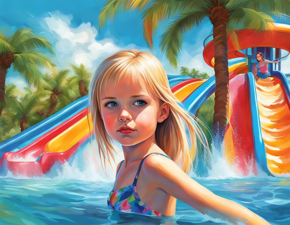 Girl on Water Slide in Bright Water Park