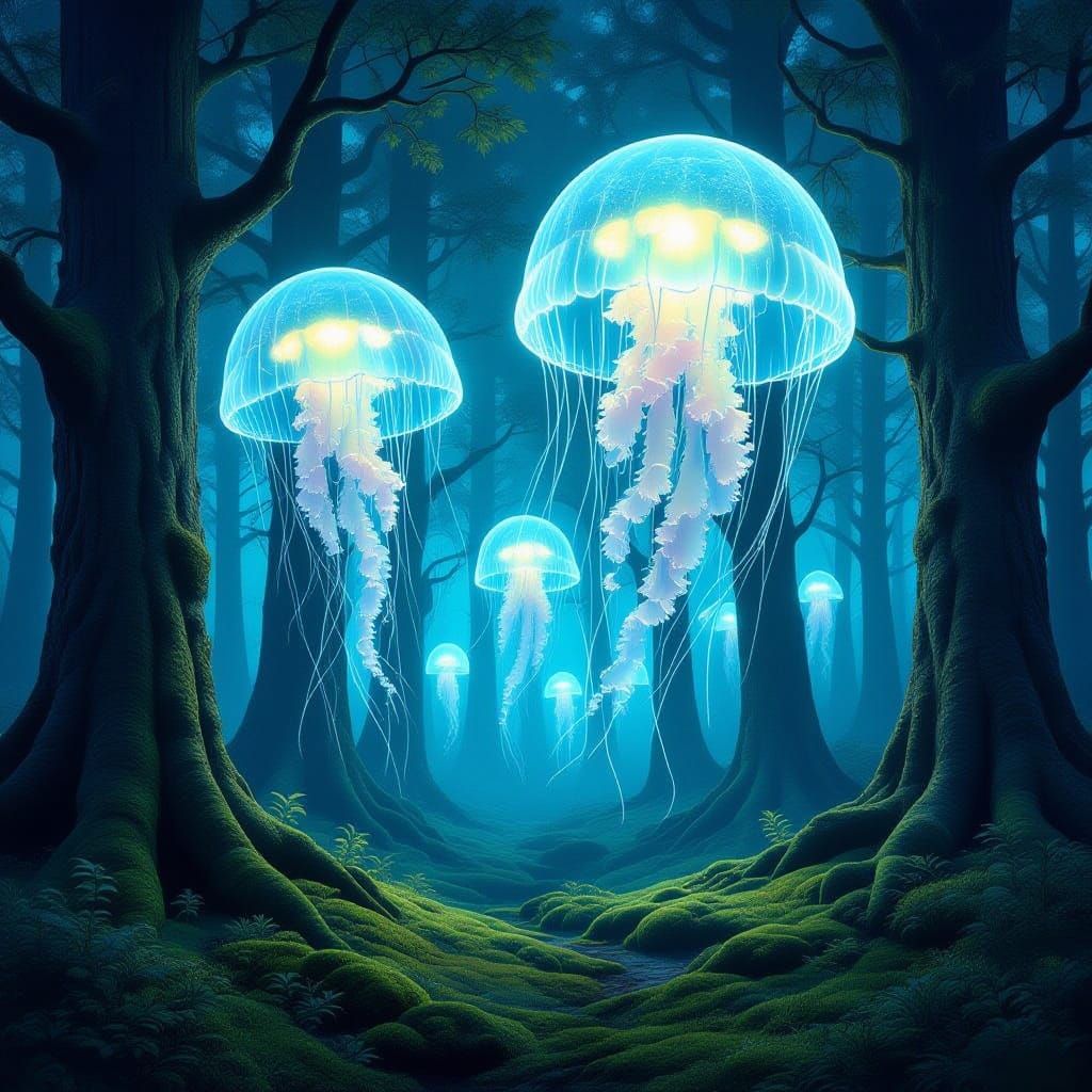 Surreal Twilight Forest with Luminous Floating Jellyfish