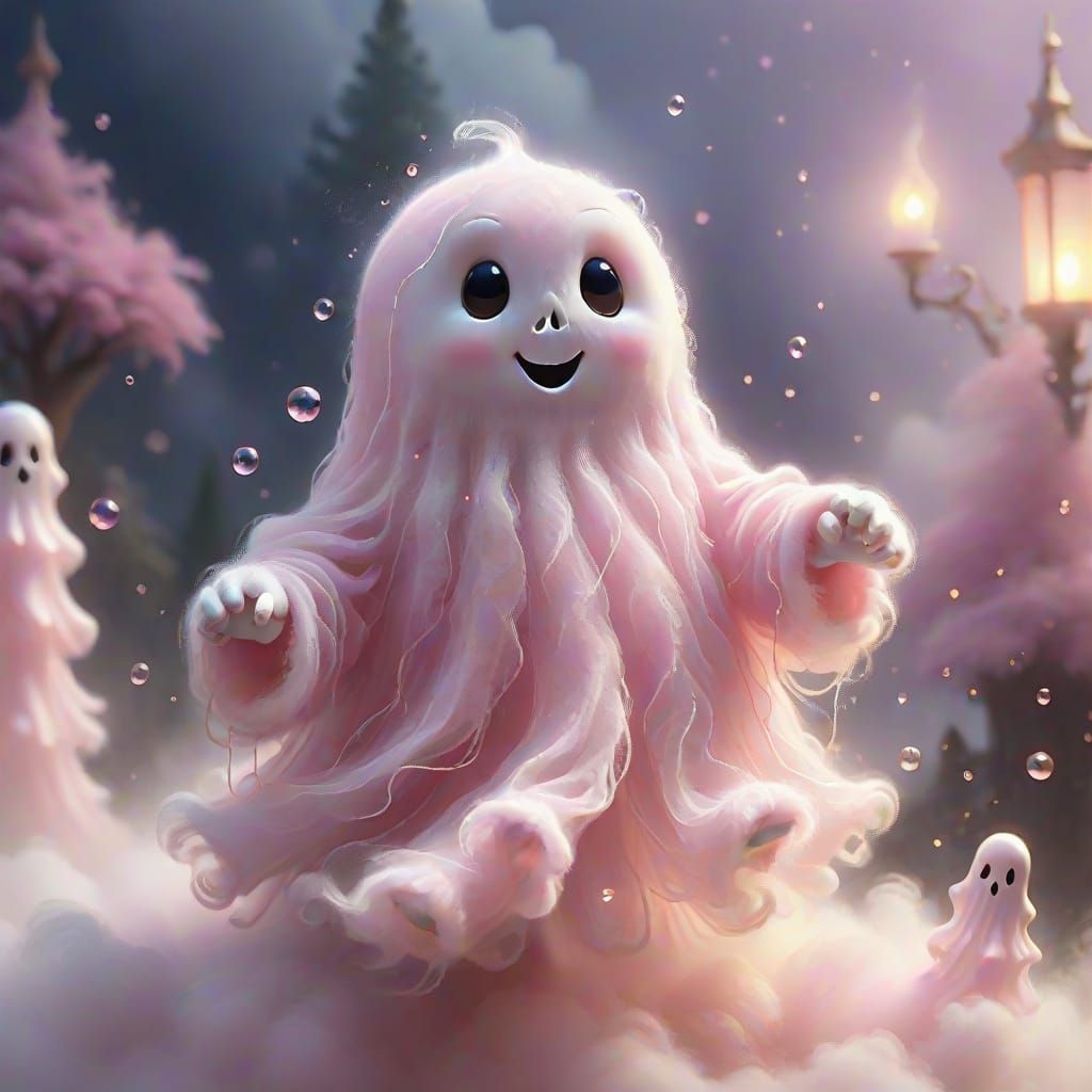 Whimsical Pink Ghost in Enchanted Mist, Thomas Kinkade-Inspi...