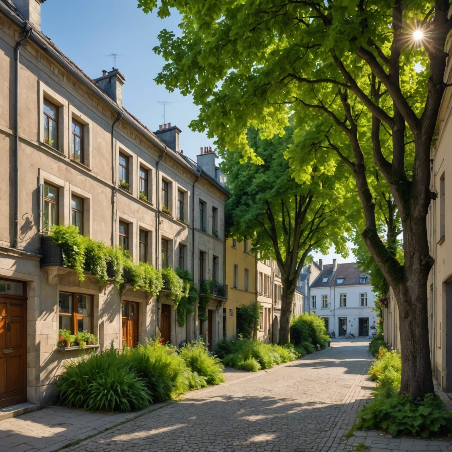 Green Building Facades in Sunlit Street View