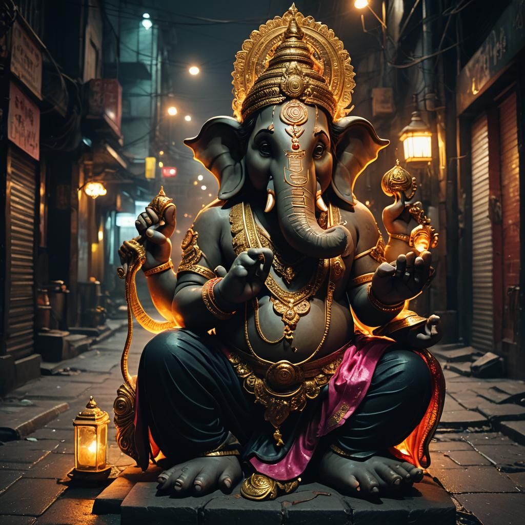Ganesh in Dark Alley with Neon Lights