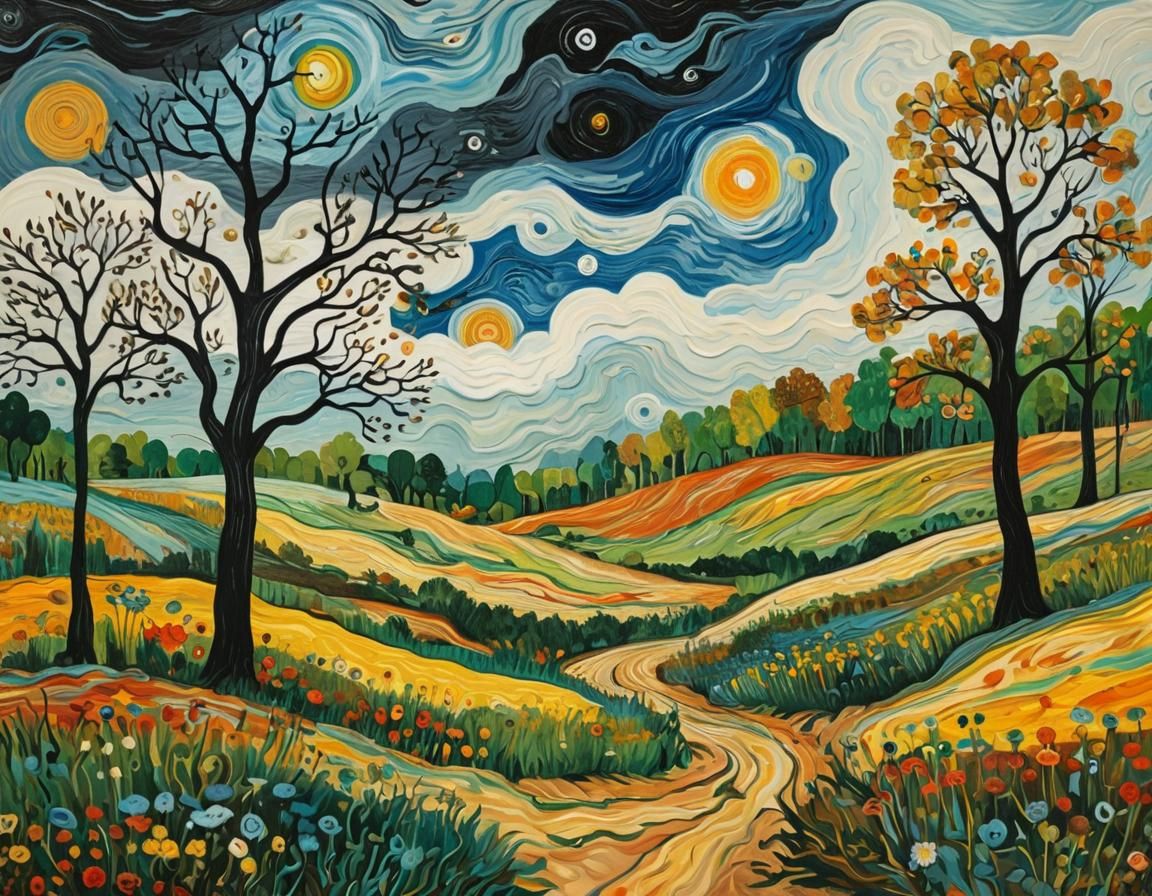 Child's Naive Art Drawing of Surreal Landscape