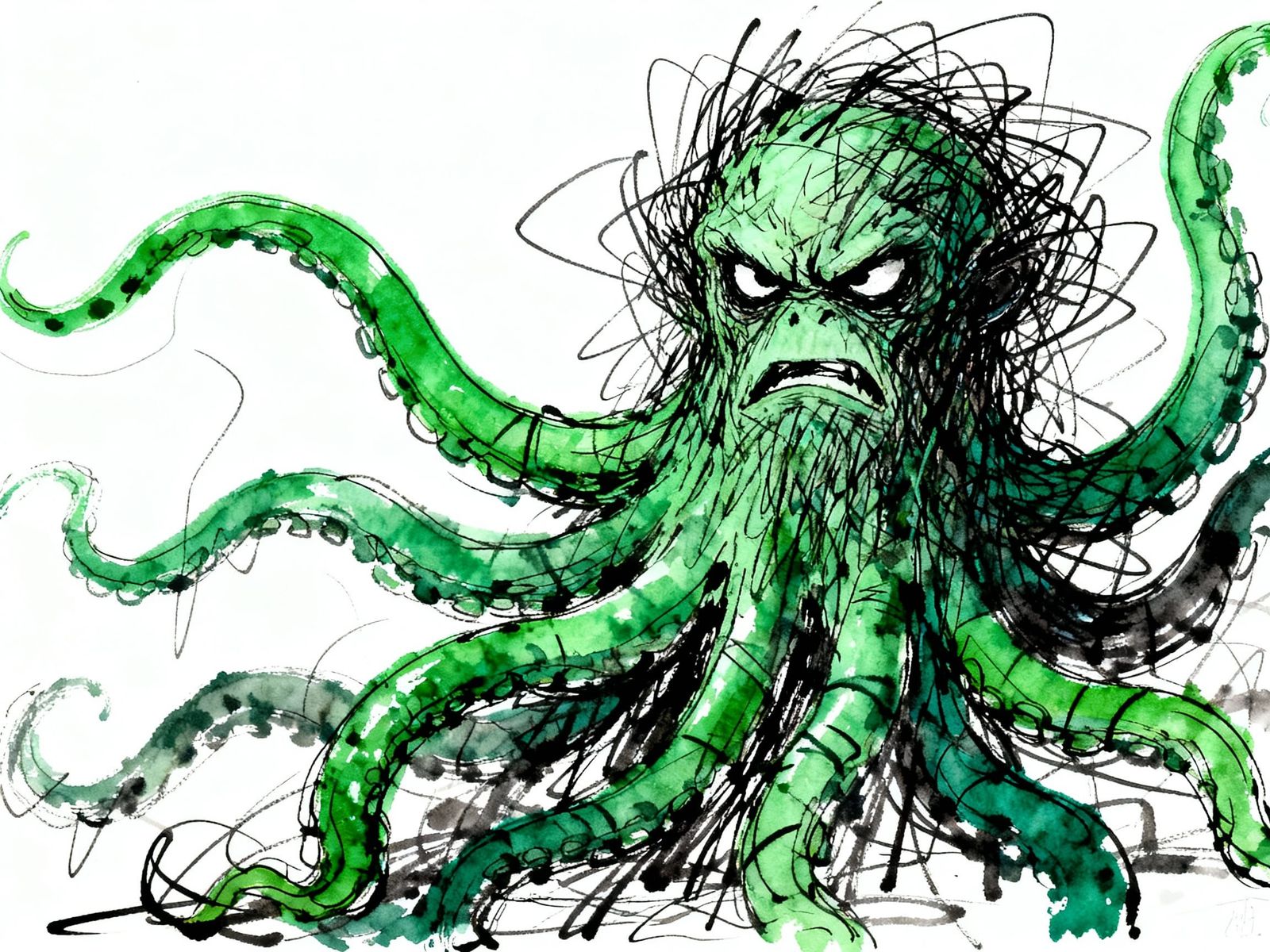 Grumpy Green Monster with Tentacles in Scratchy Ink Style