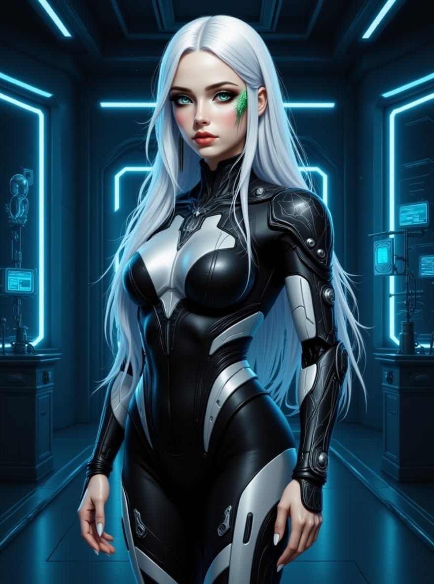 Futuristic Biobot in Cyberpunk Style Laboratory