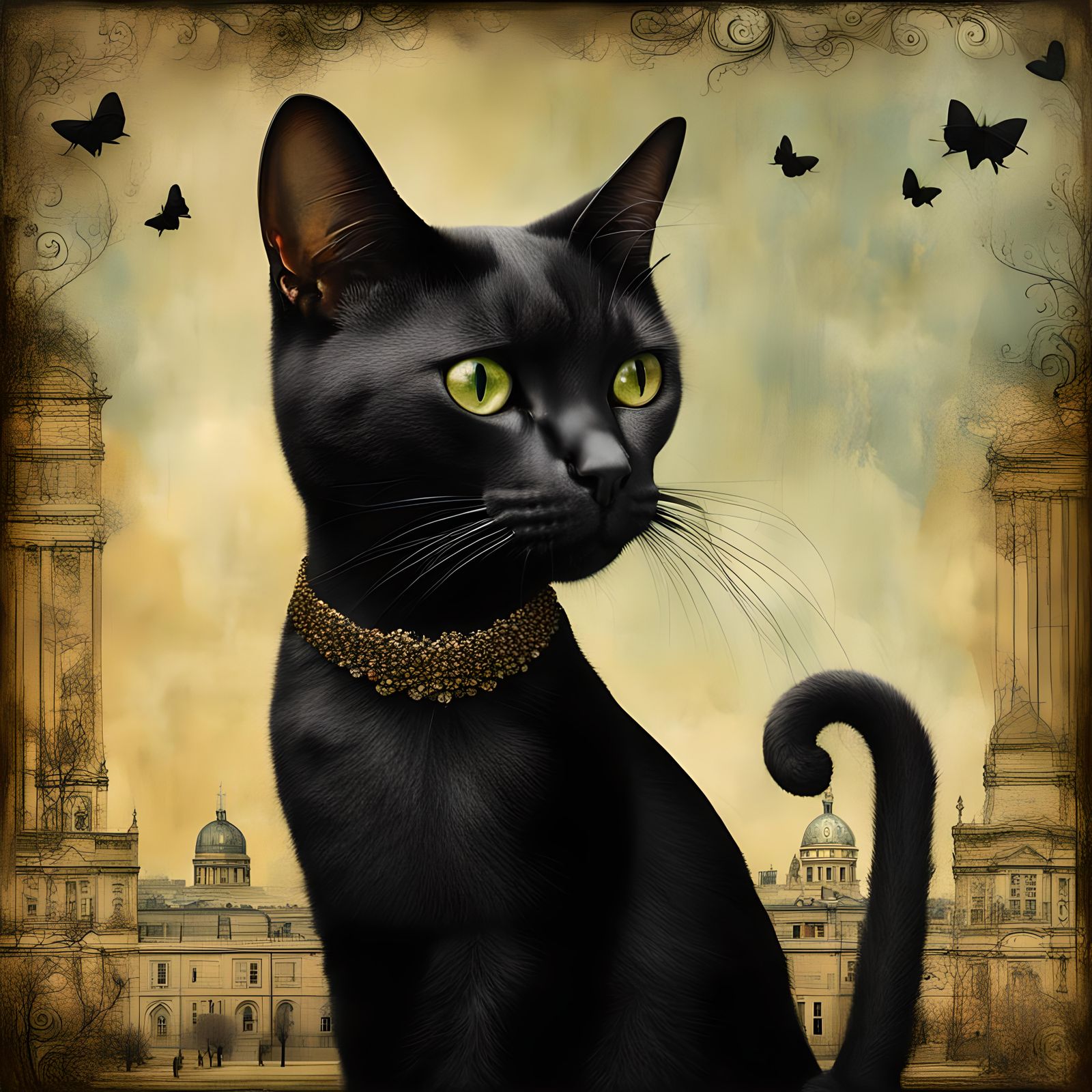 Mona Lisa as a black cat in the style of Catrin Welz Stein