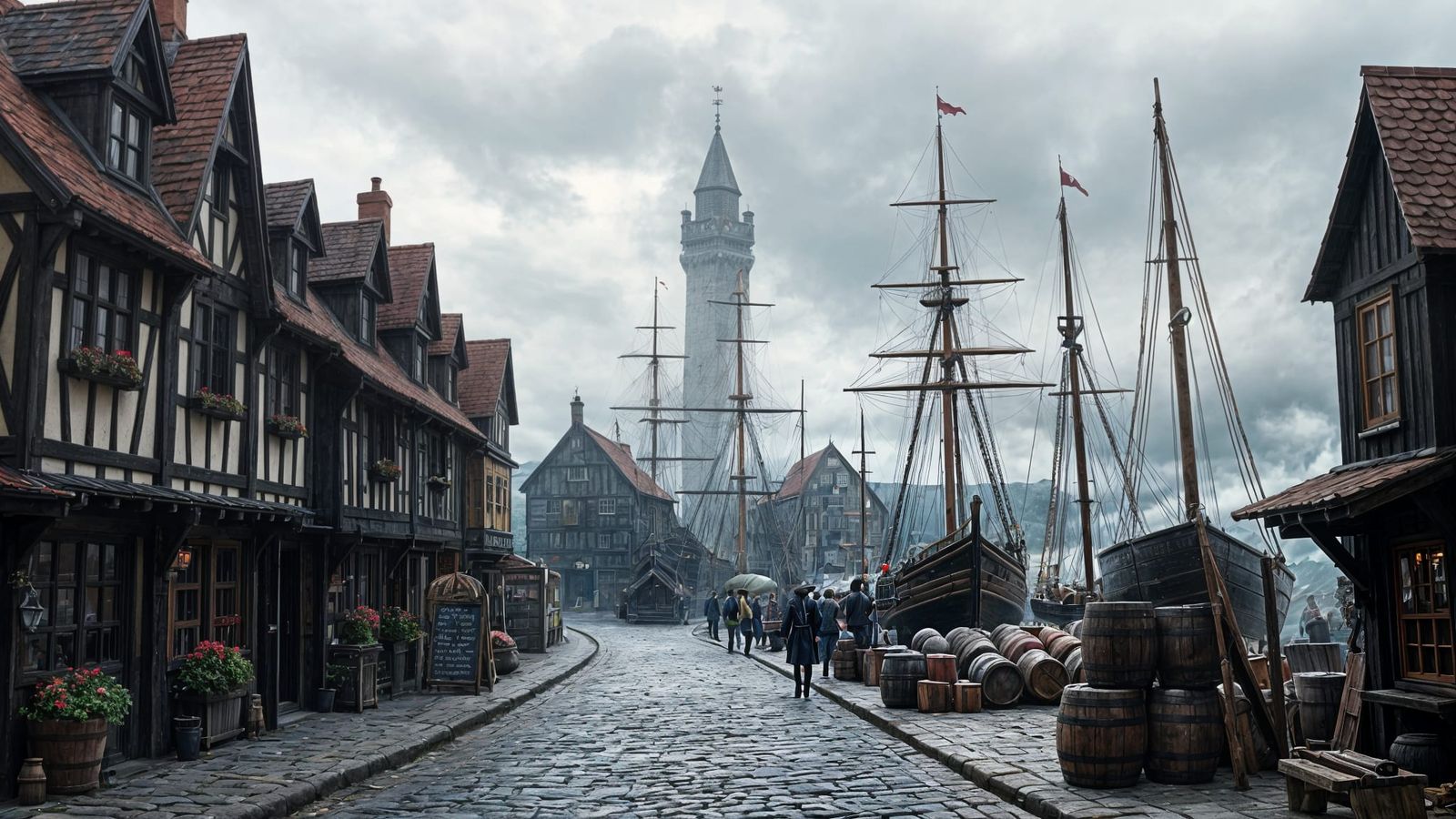 Fantastical 17th Century Harbour Scene with Magic Tower and....