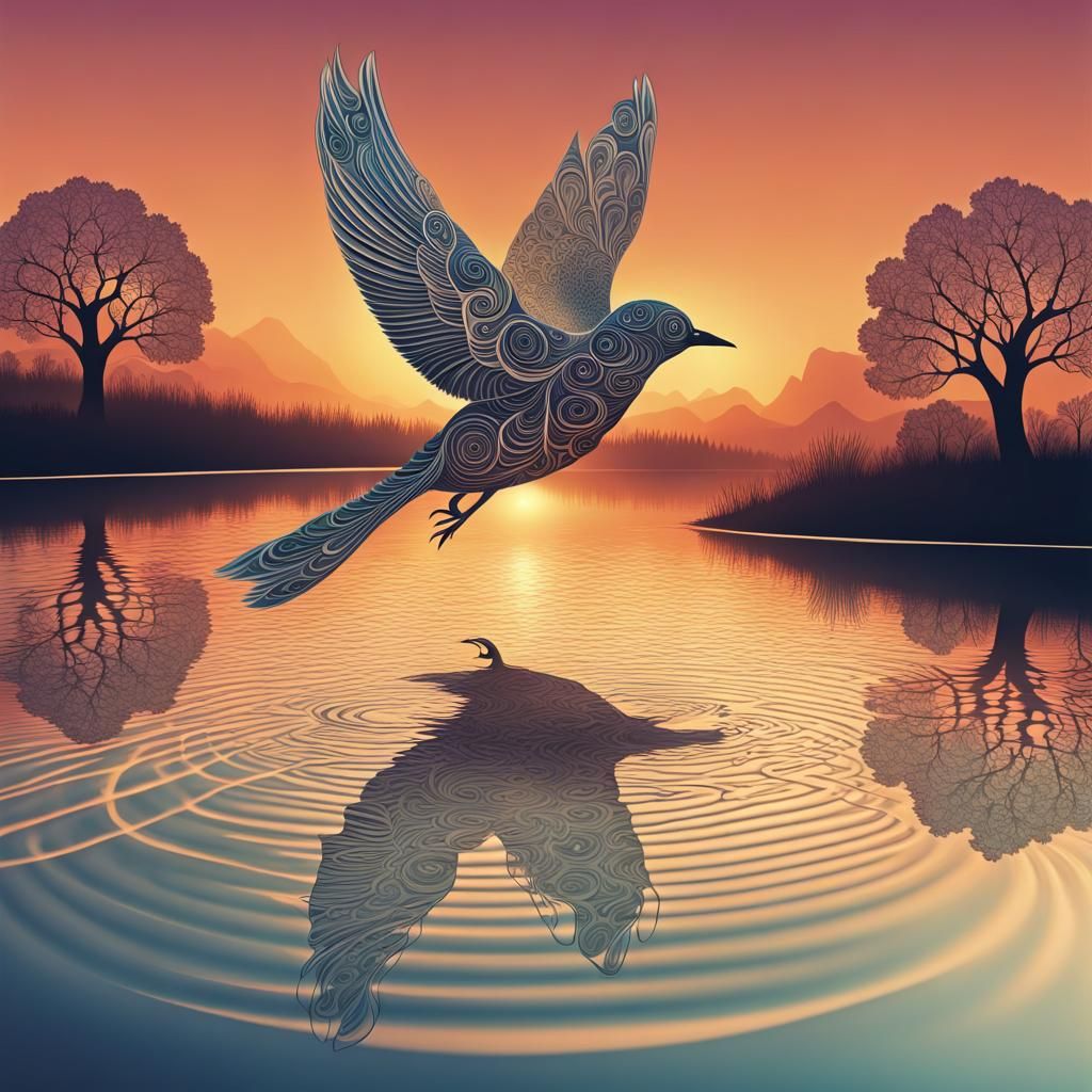 Bird in Sunset Over Pond with Abstract Fractals